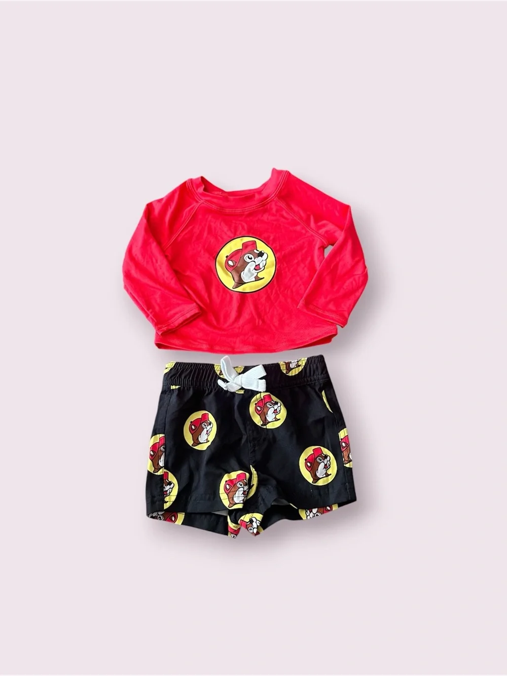 Baby BUC-EES Logo Two-Piece Swim Trunk Rash Guard Red & Black Set Sz 3-6 Months